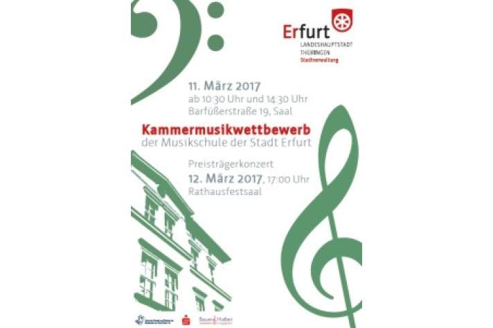 Das Plakat des Kammermusikwettbewerbes zeigt verschiedene Notenschlüssel und die Silhouette der Musikschule in der Barfüßerstraße