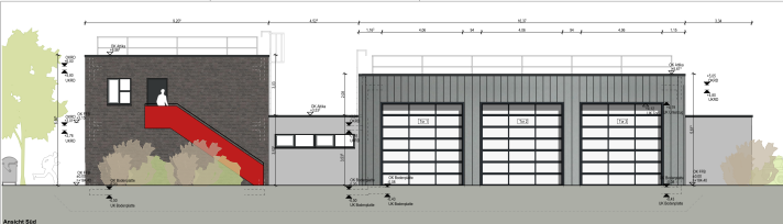 Das geplante Feuerwehrhaus mit dunkler Fassade und Bäumen davor sowie den Ausfahrten für die Feuerwehrautos.