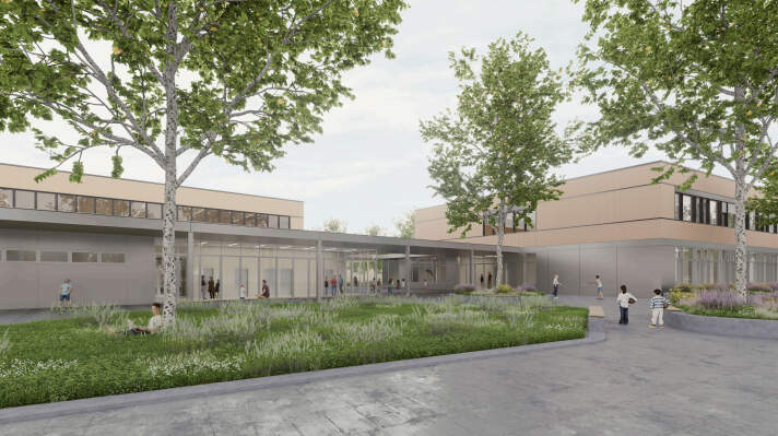 Die Visualisierung zeigt den Vorplatz von der zukünftigen Grundschule und Sporthalle vom Schulcampus.