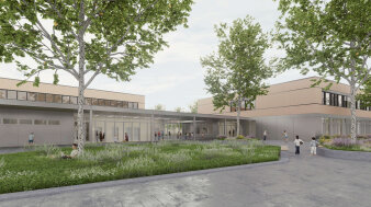 Die Visualisierung zeigt den Vorplatz von der zukünftigen Grundschule und Sporthalle vom Schulcampus.