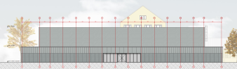 Die Grafik zeigt eine Planungsansicht für den Neubau der Schulsporthalle der Grundschule "Wilhelm-Busch".