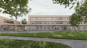 Die Visualisierung zeigt den Vorplatz des zukünftigen Gymnasiums vom Schulcampus.