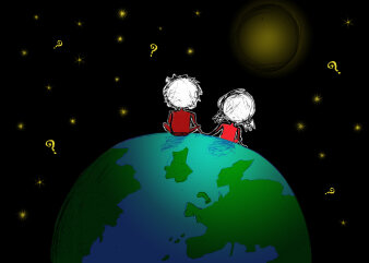 Logo zur Veranstaltung Phil und Sophie. Zwei Kinder sitzen auf der Erdkugel und schauen gemeinsam in das Weltall.