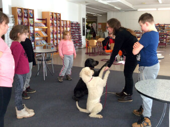 Eine Kindergruppe beobachtet die beiden Hunde und deren Halterin beim Kunststücke machen.