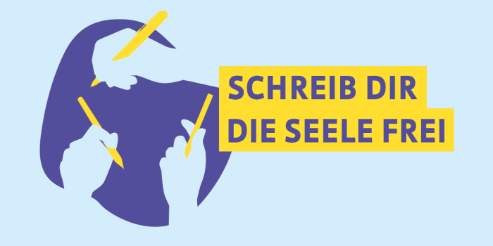 Workshop mit Christina Klauke Hände die einen Stift halten und Schriftzug: Schreib' dir die Seele frei!