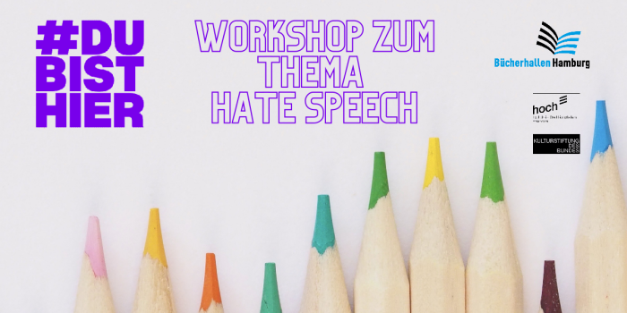 Stifte und Schriftzug: „Workshop zum Thema Hate Speech”