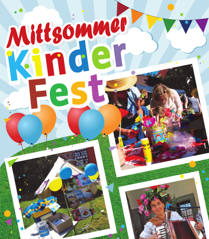 Bunte Einladung zum Mittsommerfest der Kinder- und Jugendbibliothek Erfurt mit Darstellung des Lesezeltes