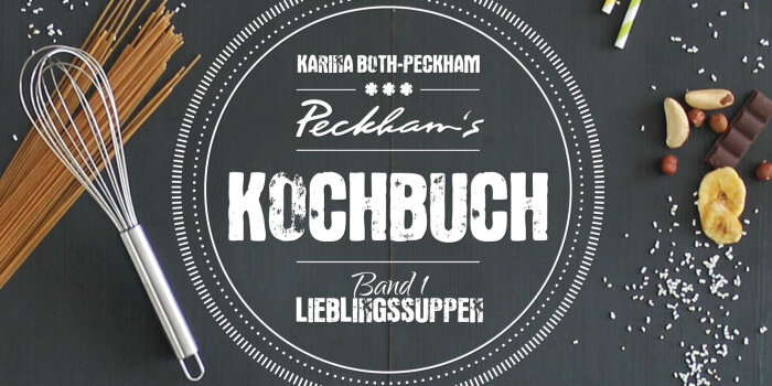 Küchenzubehör auf schwarzem Hintergrund mit Logo vom Kochbuch Nr. 1 von Karina Both-Peckham