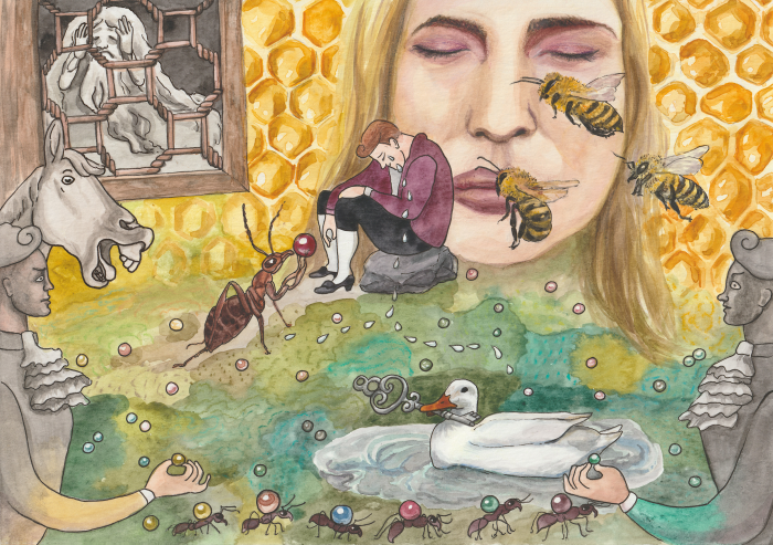 Collage aus verschiedenen Figuren aus dem Märchen „Die Bienenkönigin“.