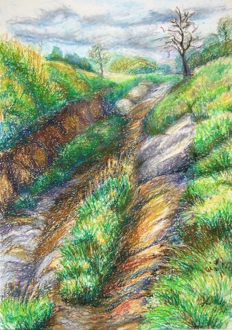 Landschaft in Ölkreide auf Papier