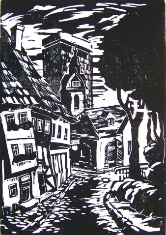 Holzschnitt einer Straße in Erfurt