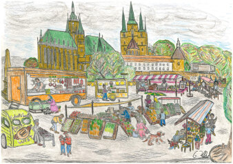 Zeichnung eines Marktes auf dem Erfurter Domplatz