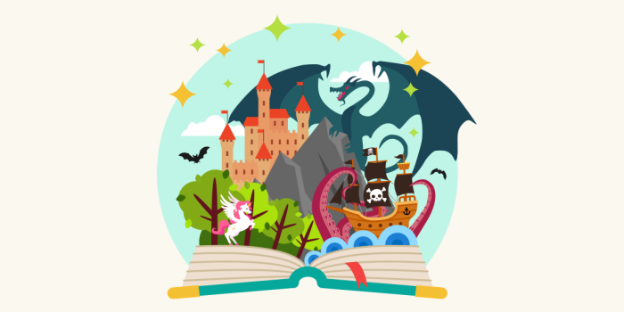Grafik mit Märchenfiguren, die aus einem Buch herausschauen