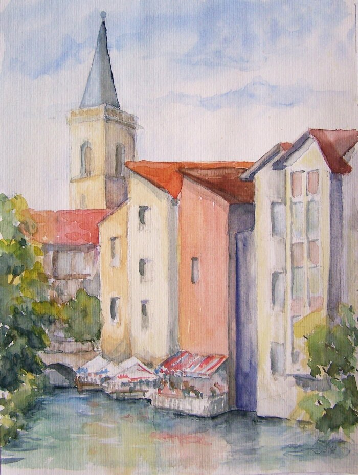 Erfurt am Junkersand Häuser am Fluss in Erfurt in Aquarell