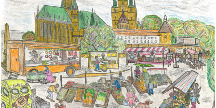 Zeichnung eines Marktes auf dem Erfurter Domplatz