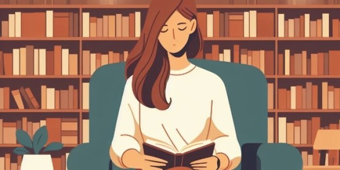 Grafik von lesender Frau in Bibliothek