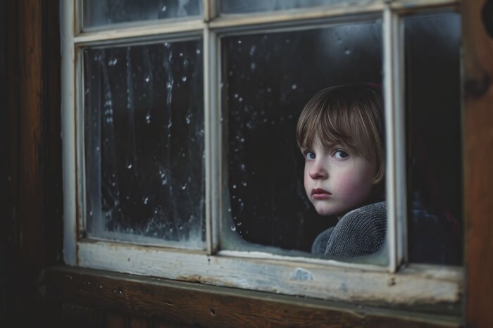 Kinder und Trauer Trauriger Junge schaut aus Fenster