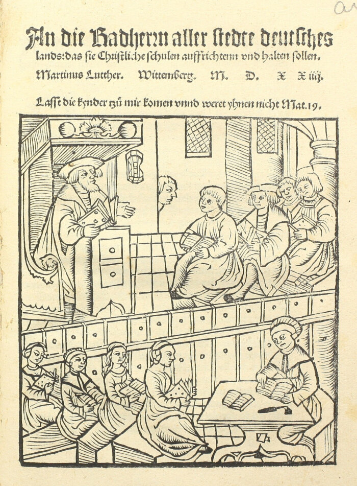Zeichnung von Kindern im Klassenzimmer aus dem Mittelalter
