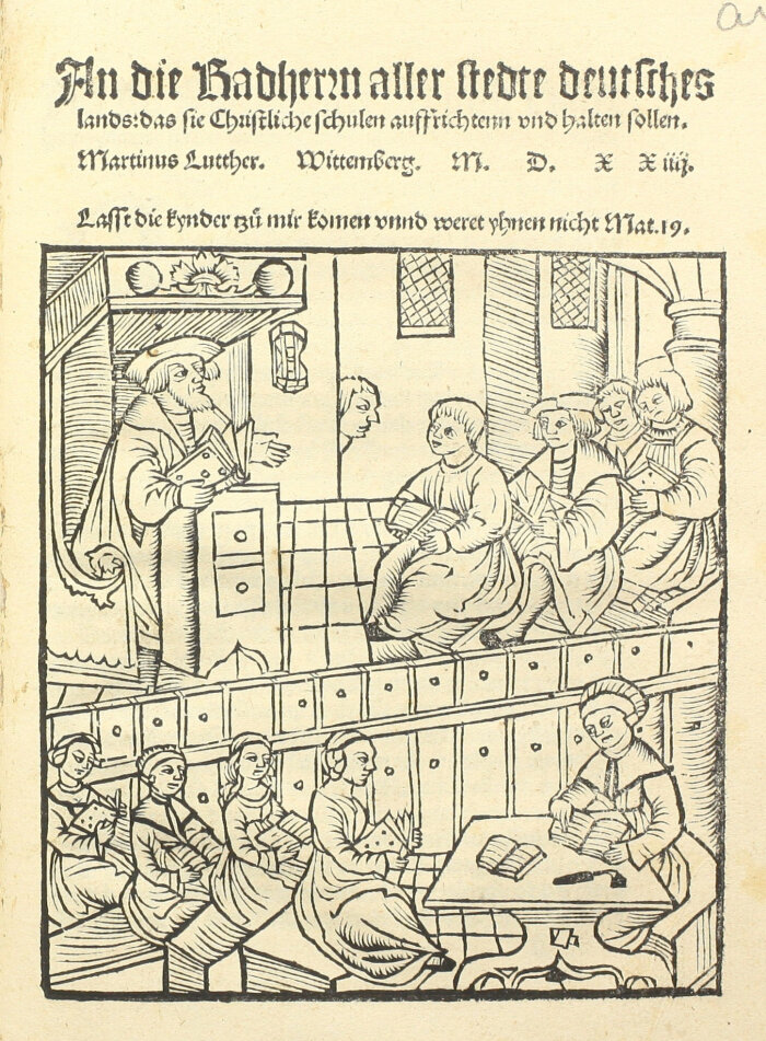 Die Geburtsstunde öffentlicher Bibliotheken und städtischer Schulen Zeichnung von Kindern im Klassenzimmer aus dem Mittelalter
