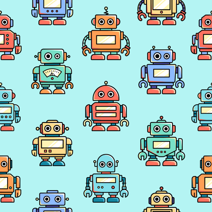 Roboter-Angebote in der Bibliothek Gezeichnete Roboter als Muster auf blauem Hintergrund