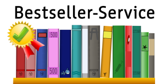 Icon für den Bestseller-Service. Abbildung eines Buchregals und einem Abzeichen.