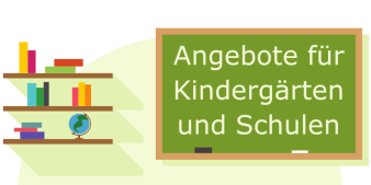 Icon. In der Grafik ist eine Tafel mit dem Text "Angebote für Schüler und Lehrer" abgebildet.