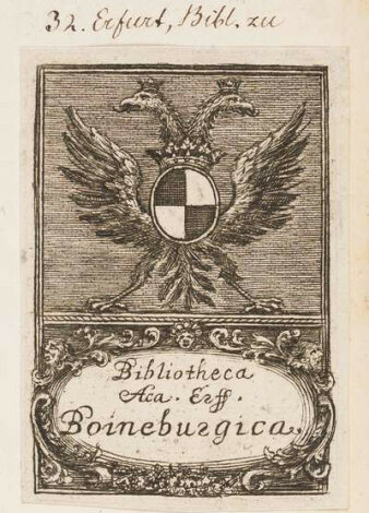 Darstellung eines zweiköpfigen Adlers mit Wappen am Bauch und dem Schriftzug "Bibliotheca Ac. Erff. Boineburgica".