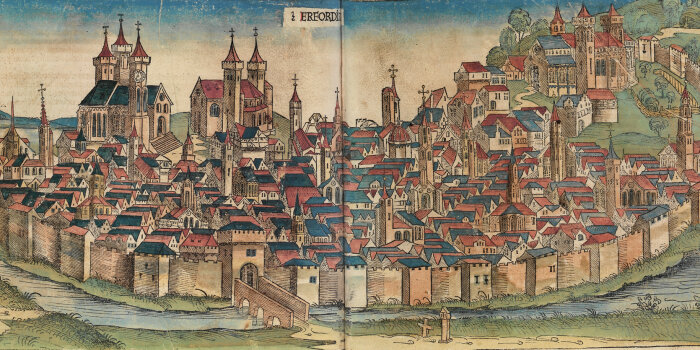 Holzschnitt von Erfurt aus der Schedel'schen Weltchronik von 1493