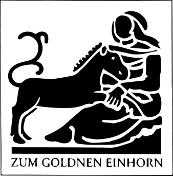 Grafik: Hauszeichen zum Goldnen Einhorn © Stadt- und Regionalbibliothek Erfurt. Grafik Lothar Freund Jungfrau mit Einhorn auf dem Schoß.
