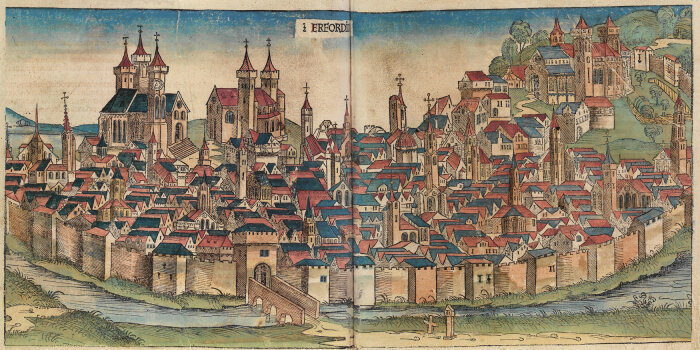Gezeichnetes Darstellung des mittelalterlichen Erfurts
