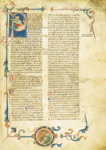 Erste Seite von Hippokrates „Libri septem aphorismorum cum commento Galieni" mit kunstvoll gezeichneter Initiale "P".