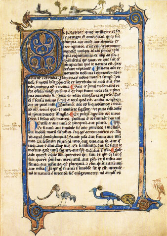 Erste Seite von Aristoteles „Libri octo physicorum" mit Verzierungen