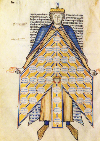In den Text eingefügte Zeichnung eines Mannes mit geöffneten Mantel, der textpassagen enthält.