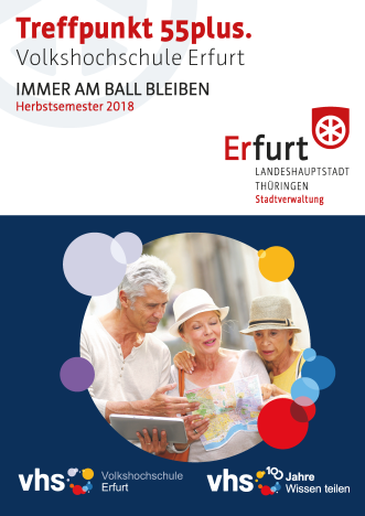 Deckblatt VHS Magazin „Treffpunkt 55plus.“ Deckblatt mit Grafik und Titel zum Magazin
