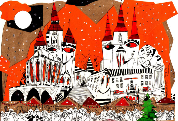 Zeichnung Domensemble zur Weihnachtszeit Zeichnung in abstrakten schwarzen Linien und roten Flächen der Kirchen
