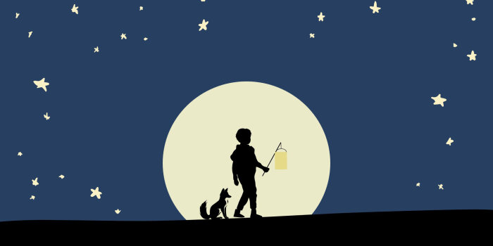Grafische Gestaltung eines Sternenhimmels mit Vollmond. Im Mondzentrum stehen ein Junge mit Laterne und ein Fuchs.