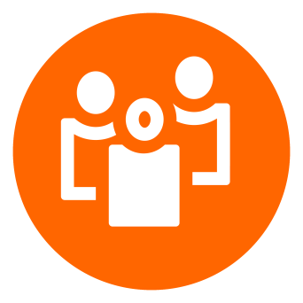 Grafik: Fachbereich 1 © Deutscher Volkshochschul-Verband e. V. Fachbereich 1 wird visualisiert durch einen Button auf dem 3 Personen abgebildet sind. Diese stehen symbolisch für Kurse aus dem Bereich Gesellschaft, Politik, Umwelt.