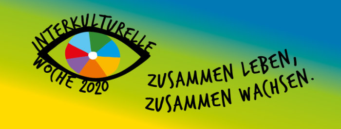 Logo interkulturelle Woche 2020 Banner Logo der IKW, buntes Auge mit Leitspruch "Zusammen leben, zusammen wachsen"