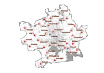 Stadtgrundkarte mit farbig markierten Standorten der Feuerwehreinheiten als Übersicht