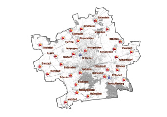 Stadtgrundkarte mit farbig markierten Standorten der Feuerwehreinheiten als Übersicht