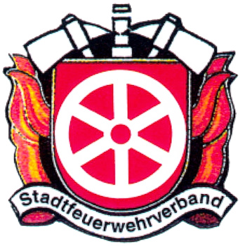 Darstellung des "Erfurter Rades" (Stadtwappen)umgeben von Flammen und Feuerwehrgerät und dem Schriftzug "Stadtfeuerwehrverband"