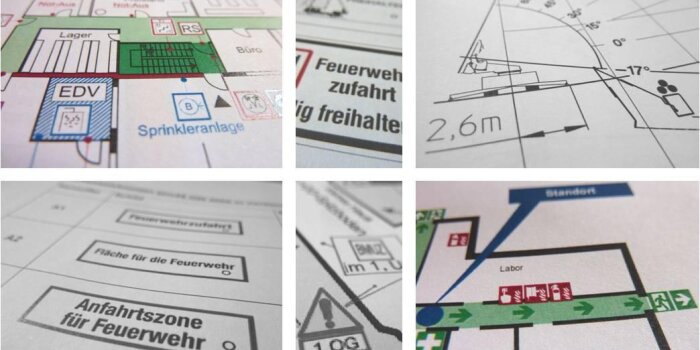 Foto: Grafikdetails Feuerwehrpläne © Stadtverwaltung Erfurt Details zu der zeichnerischen Darstellung von Feuerwehrplänen, zum Beispiel Treppenraum und Sprinkleranlage