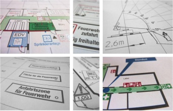 Details zu der zeichnerischen Darstellung von Feuerwehrplänen, zum Beispiel Treppenraum und Sprinkleranlage