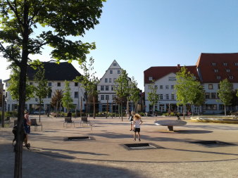 Das Bild zeigt den Spielplatz im Hirschgarten, umgeben von jungen Bäumen. 