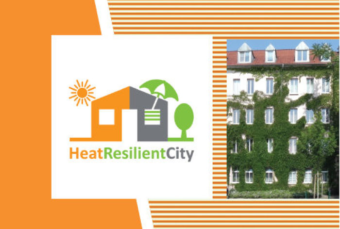Hitzerobuste Stadt – HeatResilientCity Logo mit Bild einer begrünten Fassade