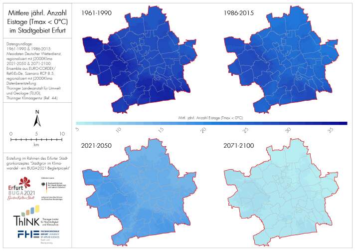Karten von Erfurt mit Veränderungen der Eistage von 1961 bis 2100