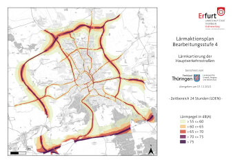 Karte für den Lärmaktionsplan - Bearbeitungsstufe 4; Lärmkartierung der Hauptverkehrsstraßen