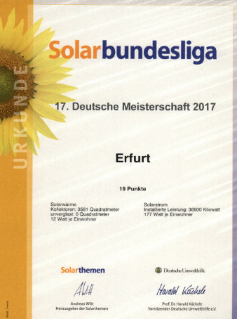 Foto: Bei den 17. Deutschen Meisterschaften belegte Erfurt Platz 17 © Redaktion der Zeitschriften Energiekommune und Solarthemen Farbig gestaltete Urkunde.