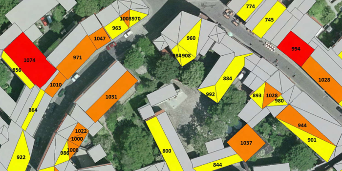 Foto: Erfurter Solarkataster © Stadtverwaltung Erfurt Kartenausschnitt mit eingefärbten Dachflächen.