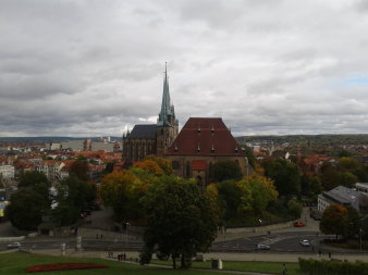 Herbstlich gefärbte Laubbäume und Grün vor dem Erfurter Dom im Panoramablick vom Petersberg.